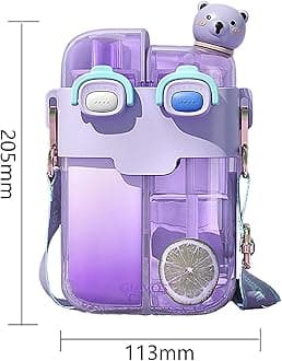 TIAASTAP Cute Water Bottle with Straw - Kawaii Kids Water Bottle with Strap Portable Plastic Drinking Bottle Aesthetic Water Bottle Girls Boys with Stickers for School Travel Sports Outdoor (Purple)