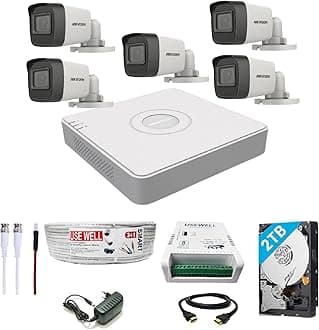 HIKVISION 8 Channel DVR with 5 MP 5 Bullet Cameras with Audio Recording + 2 TB HDD + (3+1) Cable roll + 8 CH Power Supply + USEWELL BNC & DC Full Combo Kit