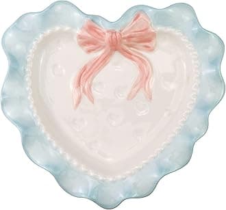 Bitray Lovely Ceramic Heart Shaped Dessert Plate Wavy Lace Plate for Kitchen Party Decoration (Blue)