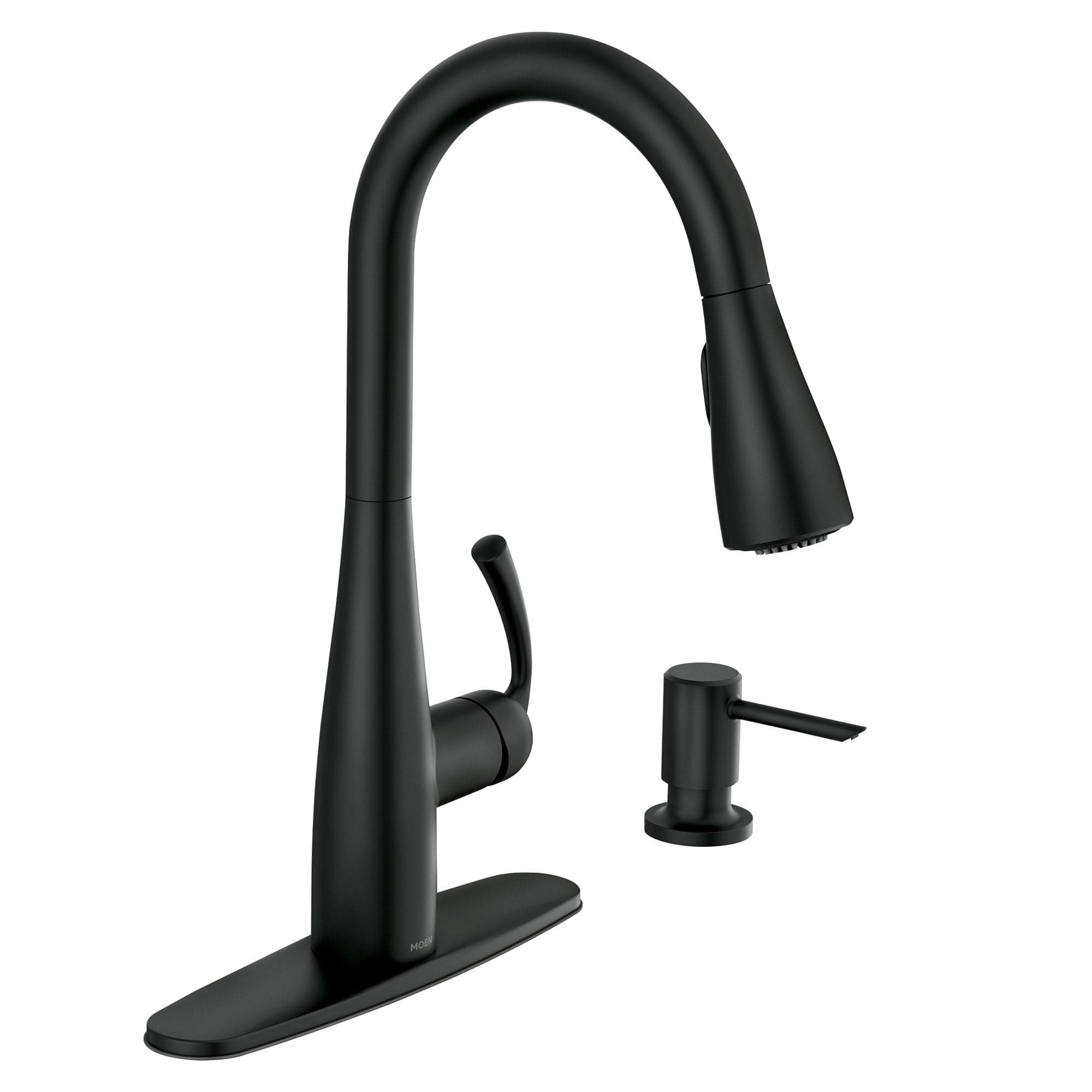 Essie Matte Black Single Handle Pull-Down Sprayer Kitchen Faucet with Soap Dispenser, Reflex and Power Clean Technology, 87014BL