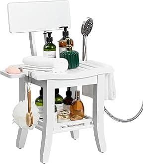 Ollieroo Two-Tier Bamboo Shower Chair for Inside Shower, Waterproof Baby Bath Seat with Storage Shelf, Soap Dish and Shower Head Holder, Shower Stool for Seniors Adults Disabled Pregnant(White)