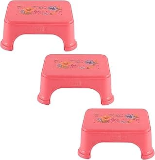 Kuber Industries Pack of 3 Bath Stool for Bathroom | Plastic Stools for Sitting | Bathroom Stool for Bathing | Flower Print Square Stool | Pink