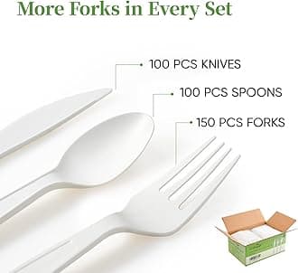 ECOLipak 350 Pcs 100% Compostable Cutlery Set, 7" Large Size Biodegradable Disposable Silverware Set - 150 Forks 100 Spoons 100 Knives, Heavy Duty Bio-based CPLA Utensils for Party, BBQ, Picnic