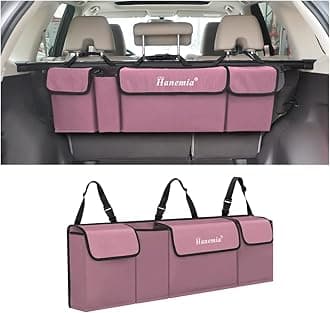 Hanemia Car Trunk Organizer, Backseat Hanging Storage with 4 Large Pockets, Collapsible Cargo Bag with Adjustable Straps Frees Trunk Floor, Sturdy Space Saving Expert for SUV, Truck, Van (Pink)