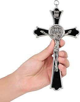 VINETEN Black Enamel Crucifix Wall Cross -Saint Benedict Metal Wall Art-Cross Give Blessing and The Spiritual Sacred -Crucifix Gift for Grandma, boys Baptism Gift