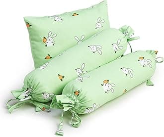 The White Cradle Cot Pillow + 2 Bolsters Set with Fillers - Organic Cotton Fabric, Softest Fiber Filling, Protective Comfort - Green Bunny