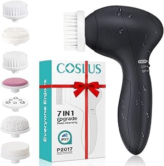 COSLUS Facial Cleansing Brush Silicone Face Scrubber: 7 in 1 FBS-D Electric Exfoliating Rotating Massage Device Waterproof Deep Cleaning Exfoliation Spa Machine - Electronic Skin Care Wash System