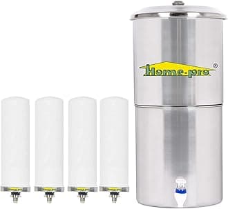 Home-Pro - Gravity Water Filter and Purifier | 30 Liters Total Capacity (15L Bottom & 15L Top) Made with Stainless Steel |Includes 4 Creamic Long Candle and Food Grade Plastic Tape