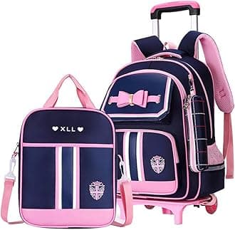 Rolling Backpack for Girls Cute Trolley Bags Primary School Bookbags with Wheels Kids Carry-On Wheeled Backpack with Lunch Bag