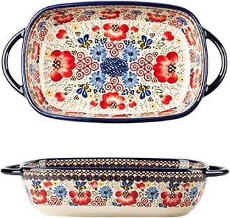 Bicuzat Vintage Flowers Style Ceramic Bakeware Casserole Dish Baking Pan Lasagna Pans Baking Dish with Handles for Oven/Cooking/Kitchen-1 PCS-Red Flowers-22 OZ