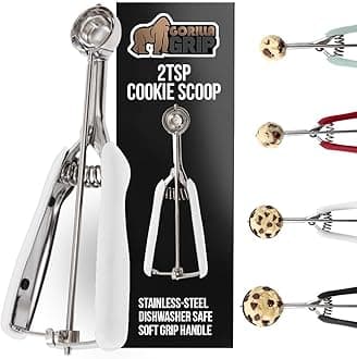 GORILLA GRIP BPA-Free Stainless Steel Cookie Scoop, 2 TSP Scooper #100, Soft Grip Handle, Easy Food Release, Create Even Portion Sizes, Multipurpose Kitchen Melon Baller, Meatball Spring Scoops, White