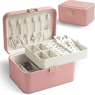 KAMIERKAMIER Travel Jewelry Organizer Box,2 Layer Portable Jewelry Organizer for Earrings Bracelets Rings Necklaces,Luxury Leather & Soft Velvet Lined,Gift Box Packaging,Pink