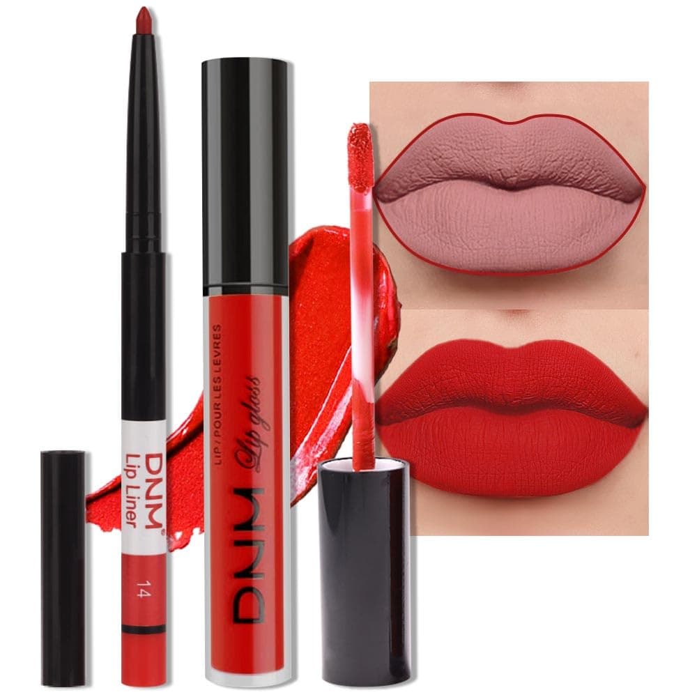 2Pcs Ruby Red Matte Lip Liner and Lipstick Combo Red Lip Gloss Stains Pencil Makeup Set Women Waterproof Long Lasting 24 Hours Lipstick and Lip Liner Set labiales mate 24 horas originales 14