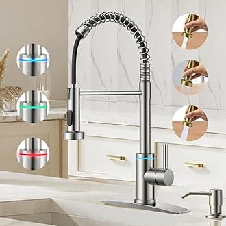 Smart Kitchen Faucet, 3 Modes Pull Down Sprayer, LED Temperature Control, Ceramic Valve, 360-Degree Rotation, 1 or 3 Hole Deck Plate. 10-Year Warranty. (KW-56SN, Brushed Nickel)