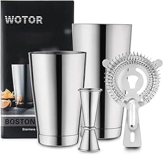 WOTOR Boston Cocktail Shaker Set, 18 oz & 28 oz Stainless Steel Weighted Shaker Tins, Strainer, Double Measuring Jigger, Professional Bar Tools for Bartender (Silver)