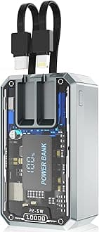 Portable Charger 10000mAh,22.5W Fast Charging Small Power Bank with Built-in Cables,Transparent External Battery Pack,Portable Phone Charger for iPhone iPad Samsung LG Android Cellphone