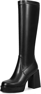 wetkiss Platform Knee High Boots Women Chunky High Heel Black Boots for Women Gogo Boot with Side Zipper Stretchy Party Festival Cosplay Halloween Boot Not for Wide Calf