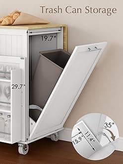 OtterOasis Kitchen Island with Storage, 31.5" D Rolling Kitchen Island Cart on Wheels with Widen Drop Leaf Rubberwood Top, Large Mobile Kitchen Islands with Trash Can Storage and Towel Bar, White