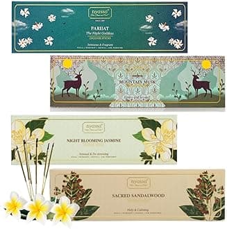 NYASSA Natural Incense Stick | Buy Parijat, Jasmine, Mountain Musk Incense Stick Combo and Get Sandalwood Agarbatti Free | Buy 3 get 1 Free |Natural & Handrolled-(30 Sticks)