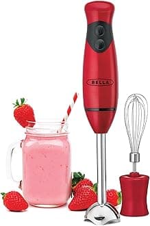 BELLA 2-Speed Hand Immersion Blender with Whisk Attachment, 250 Watt, Red, Immersion Blender with Dishwasher Safe Whisk & Blending Attachments for Food Prep (14460)