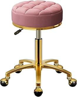 Rolling Stool Gold Vanity Stool with Wheels, Pedicure Massage Roller Stools, PU Leather Round Swivel Salon Spa Chair, Titanium Gold Base, Height Adjustable 43-55 cm (Pink)