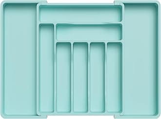 LifewitLarge Cutlery Drawer Organiser, Adjustable Kitchen Utensil Drawer Organiser, 9 Compartment, Cutlery Tray for Spoons Forks Knives,TurquoiseRecycled Claim Standard 100