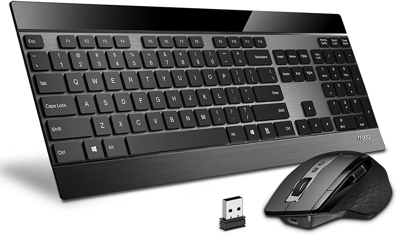 9900M Multi Mode Wireless Keyboard and Mouse Rechargeable Combo (Bluetooth 3.0/4.0/2.4G) English layout, Connect Up to 4 Devices, Extremely Thin Keyboard with Multi-Functional Mouse