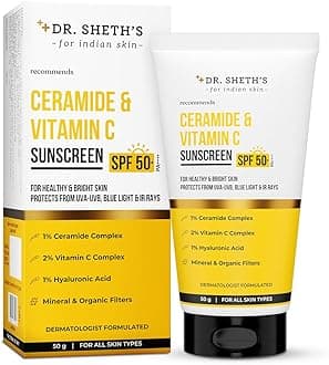 Dr. Sheth’s Sunscreen SPF 50 PA+++ with Ceramide, Vitamin C & Hyaluronic Acid | Broad Spectrum UV & Blue Light Protection, Non-Greasy, No White Cast, Lightweight & Smooth Hydration Sunscreen, 50g