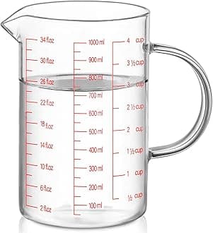 Luvan Glass Measuring Jug 1L /4 Cup ,Easy to Read with 3 Types of Markings(ml,oz and Cup),V-Shaped Spout,Borosilica Glass,Microwave,Freezer,Dishwasher and Oven Safe,Ideal for Kitchen or Restaurant