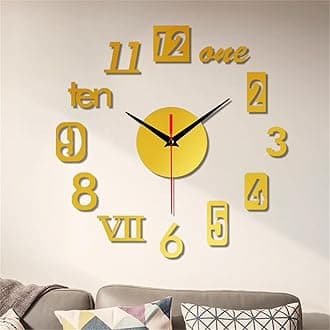 Frameless DIY 3D Wall Clock - Large for Living Room, Kitchen, Bedroom, Office - Acrylic Digital Modern Stick-On Clock Home Decor (YA-Gold)
