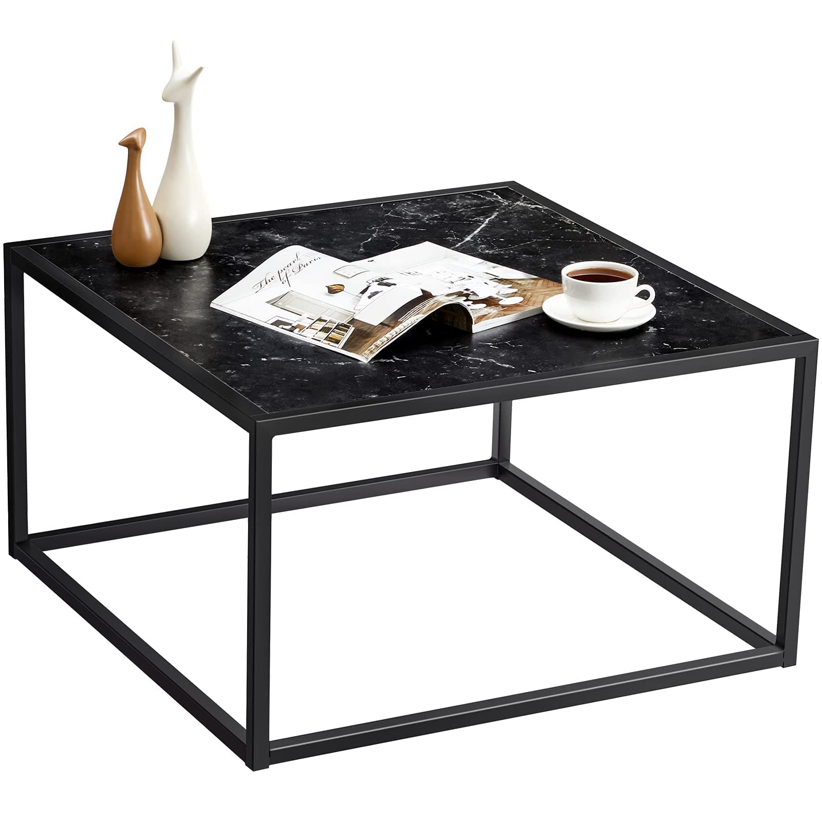 SAYGOER Black Coffee Table Small Square Coffee Table Simple Modern Center Table for Living Room Home Office 27.6 * 27.6 * 15.7Inch Easy Assembly, Black Faux Marble