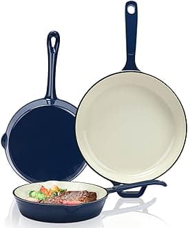 - Hisencn Enameled Cast Iron Skillet Set - 3 Piece Ceramic Coated Fry Pan Set(8'',9.5'' 11''), PFAS/PTFE/PFOA Free, Oven & Induction Safe, Navy Blue Cookware for Gas/Electric Stovetop