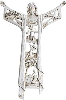 XIAOZHIGU Crucifix Wall Cross Jesus Statues,Handmade Hollow Out Catholic Prayer Cross Christian 1st Holy Communion Christening Gifts Home Wall Decor Gifts for Women, White, 8.26 * 5.51 * 0.59