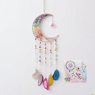 7 Chakra Wind Chimes Tree of Life Agate Moon Dream Catchers Hanging Ornament Natural Gem Agate Slice Crystal Wind Chime for Home Garden Decoration (Color)