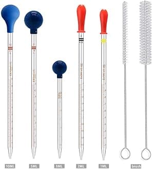 5PCS Thick Glass Graduated Dropper Pipettes Fluid and Liquid Pipettors 1ml 2ml 5ml 10ml 2PCS for Each with Caps and 2PCS Washing Brushes (33cm-13inch)