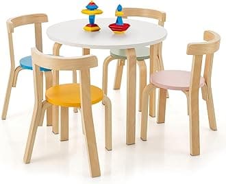 Costzon Kids Table and Chair Set, 5-Piece Wooden Activity Table w/ 4 Chairs, Toy Bricks, Classroom Playroom Daycare Furniture for Playing, Drawing, Reading, Bentwood Toddler Table & Chairs (Assorted)