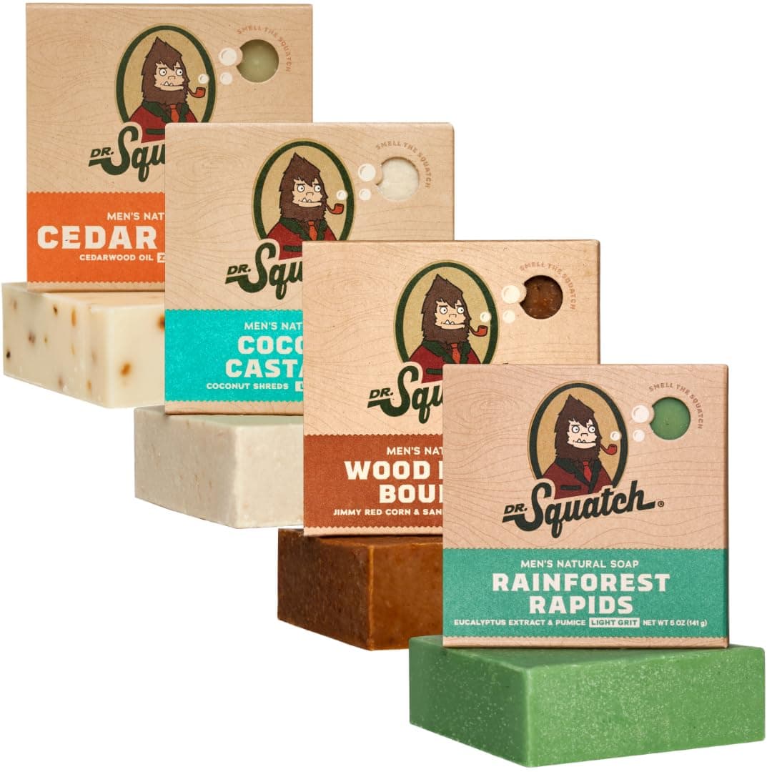 Dr. Squatch Natural Bar Soap for Men - Cold Process Soap with No Harsh Chemicals - Rainforest Rapids, Wood Barrel Bourbon, Coconut Castaway & Cedar Citrus (5 oz, 4-Pack)