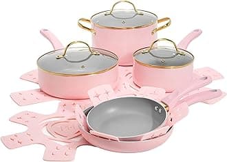 Cookware Set with Gold Rim Lid, 12-Piece, Pink