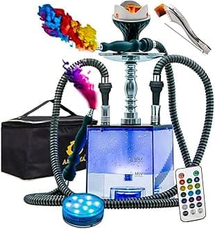Acrylic Hookah Set 2 Hose with Travel Case, ASANMA Micro Modern Cube Hookah with Charcoal Holder Cleaning Brush Hookah Bowl 2 Leather Hose Coal Tongs Magical Remote LED Light for Better Shisha Hookah Narguile Smoking
