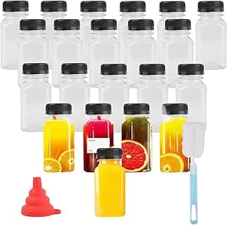 Kikuo 20 Pack 120ml Plastic Juice Bottles, 4 Ounce Reusable Drink Beverage Containers with Label, Pouring Funnel and Brush, Smoothie Juice Bottles for Juice, Milk, Homemade Beverages (Black Lids)