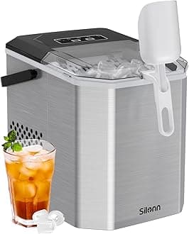 Silonn Ice Maker Countertop, Stainless Steel Portable Ice Machine with Carry Handle, Self-Cleaning Ice Makers with Basket and Scoop, 9 Cubes in 6 Mins, 26 lbs per Day