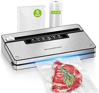 Vacuum Sealer Machine, Stainless Steel Food Sealer Vacuum Sealers with 1 Roll & 5 Bags, 5 Food Vacuum Modes, Built-in Cutter & Bag Storage (Silver Black)