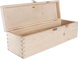 WooDeeDoo Long Wooden Craft Box with Hinged Lid and Clasp – 36 x 11 x 10.5 cm – Unpainted Pine Case for Brushes Art Supplies Stationery Keepsakes Memories Gifts