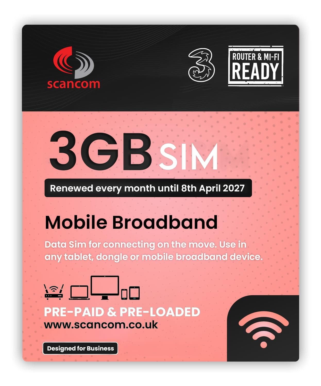 Three 3GB Data SIM - 5G Pre-loaded Every Month - From Now to April 8, 2027 - Perfect for Wi-Fi Routers, Tablets and Phones - Business Quality 5G Data (3GB Expiration Date April 2027)
