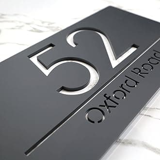 K Smart Sign | Bellisima H3 F31 | Matt Dark Gray Personalised House Sign Laser Cut 3d Door Numbers Street Address Grey Number Signs Plaque | 300mm x 160mm (Matt Dark Gray & White Marble Effect)