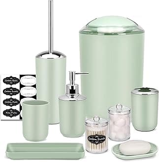 IMAVO Bathroom Accessories Set,Green Bathroom Set,9 Pieces Bathroom Accessory Set,Tray,Qtip Holders,Toilet Brush,Trash Can for Bathroom Décor and Home Gifts