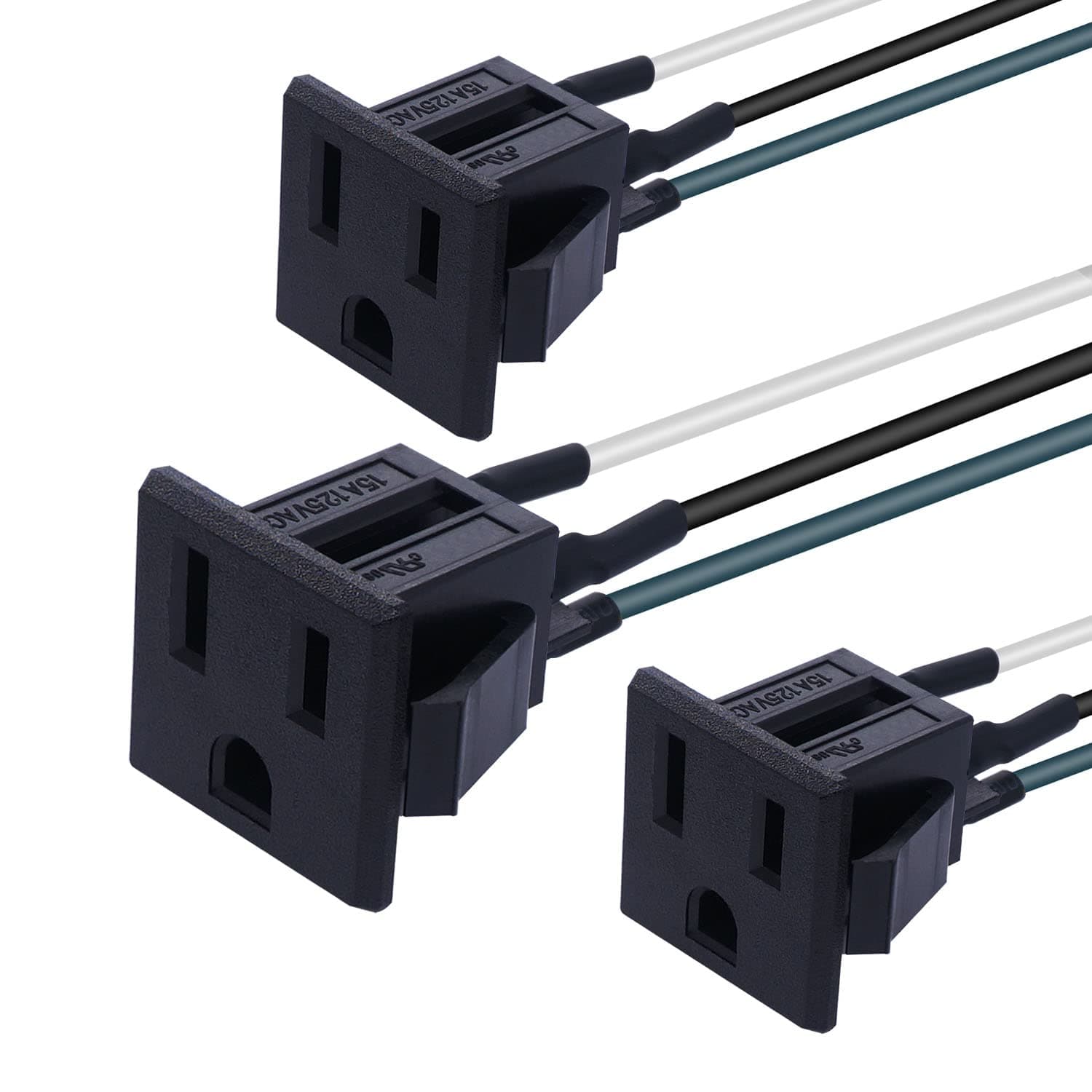 3Pcs 3 Pins US Power Socket Plug Panel 15A 125V AC Panel Mount Outlet Industrial Plug Female Connectors Adapter With 18AWG Connection line K-019-X