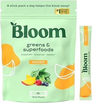 Superfood Greens Powder Stick Packs, Digestive Enzymes with Probiotics and Prebiotics, Gut Health, Bloating Relief for Women, Chlorella, Green Juice Mix, 15 SVG, Mango