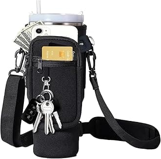 Water Bottle Holder with Strap for Stanley Cup Accessories 40 oz Water Bottle Carrier Bag with 2 Pocket Sling Neoprene,Adjustable Strap& Straw Cover.Water Bottle Sleeve for Walking Hiking Camping Gym