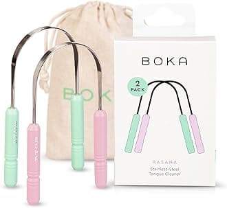 Boka Tongue Scraper for Adults & Kids with Case - Stainless Steel Tongue Cleaner w/Linen Travel Pouch - Scrubber to Remove Tongue Buildup and Freshen Breath (Pack of 2), Green and Pink